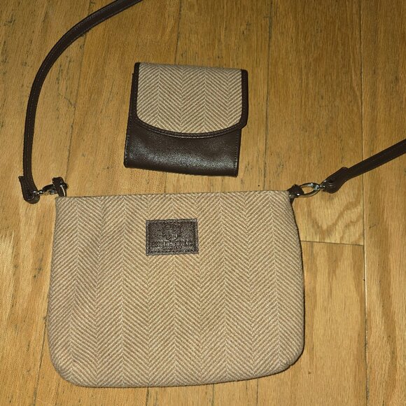 British Bag Company Handbags - The British Bag Company Clutch Shoulder Bag Wallet Combo Beige Herringbone